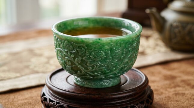 Exquisite Jade Tea Cup Filled with Amber Liquid on a Wooden Stand.