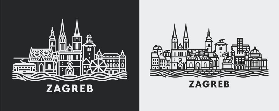 Zagreb City Skyline Line Art Illustration Featuring Croatia Capital Landmark Architecture in Black and White Linear Style