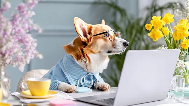 A cute dog wearing glasses and a shirt is diligently working on a laptop at