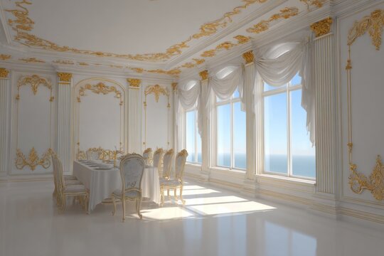 Elegant dining room with opulent gold accents overlooks a serene ocean vista.