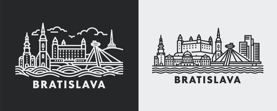 Bratislava City Skyline Line Art Illustration Featuring Slovakia Capital Landmark Architecture in Black and White Linear Style