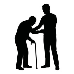 Naklejka premium Elderly care silhouette of young man helping senior with walking stick, geriatric support and nursing assistance, caregiver helping old man isolated on White Background