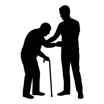 Elderly care silhouette of young man helping senior with walking stick, geriatric support and nursing assistance, social service for aged people isolated on White Background