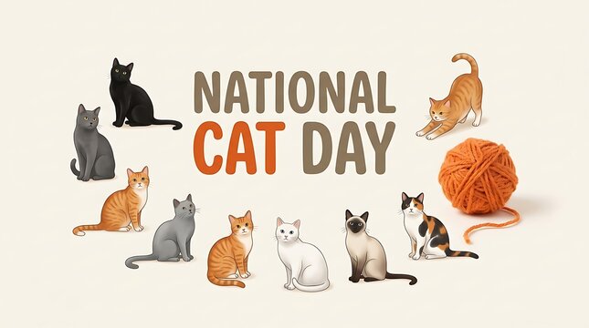 Happy national cat day celebration with various cute cats playing around yarn ball illustration