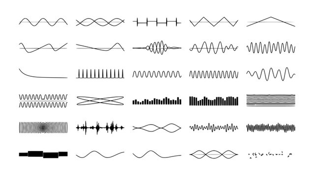 Sound Waves with Various Patterns and Frequencies in a Grid Layout Featuring Wave, Pattern, Frequency with Audio and Signal