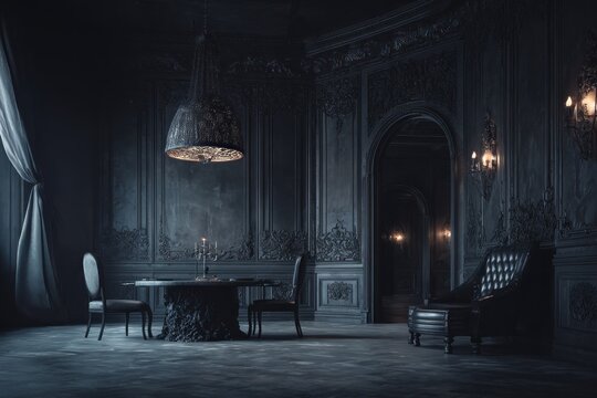 Ornate dining room with chandelier and plush chair.