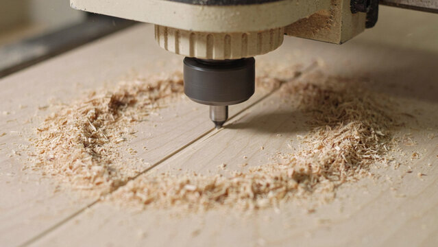 Close up of automated cnc router machine carving a straight line on a wooden board.