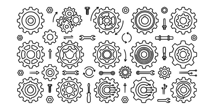 Mechanical gear icons with tools and symbols for engineering and technology concepts