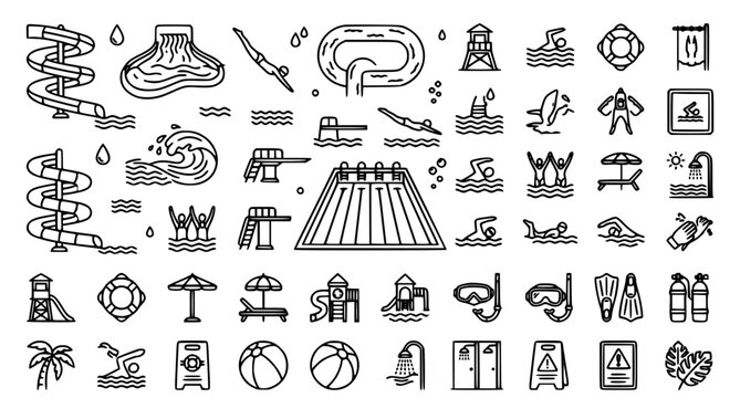 Black line icons of beach pool and water sports