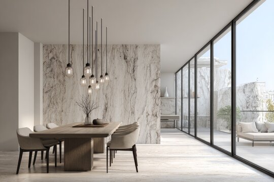 Modern dining room with a large window overlooking a rocky landscape.