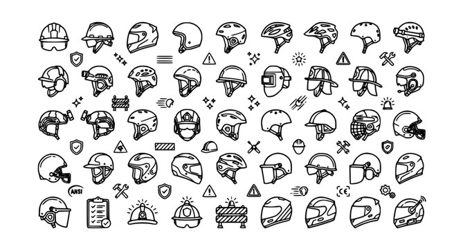 Variety of protective headgear icons helmets hard hats and safety equipment collection in doodle style