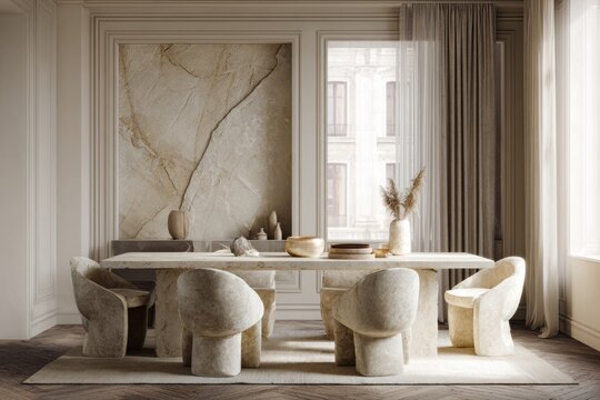 Elegant dining room features a textured stone table and chairs with soft lighting.