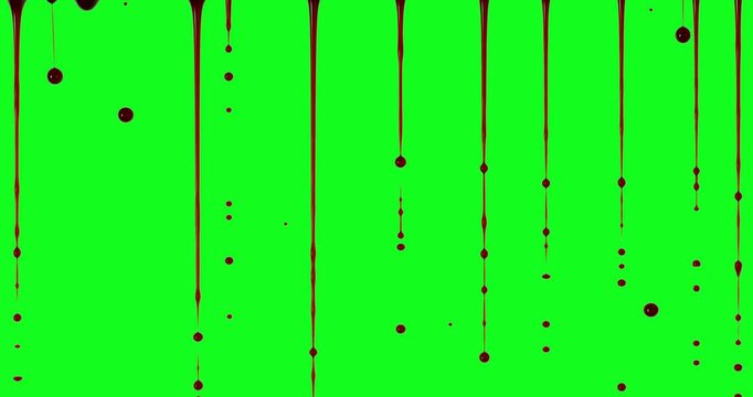 Multiple blood droplets falling and stretching in ultra slow motion against a chroma key green screen. High-speed footage designed for horror visual effects and compositing.