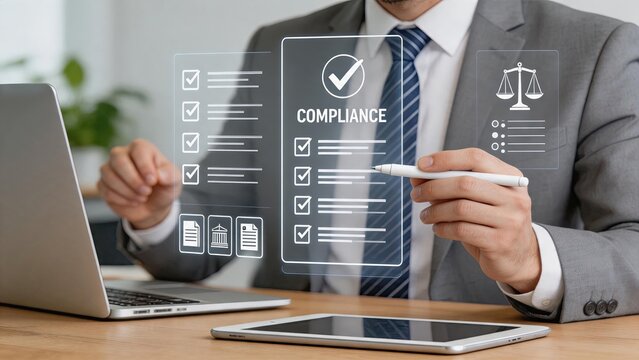 Businessman in suit analyzing compliance documents, legal audit, corporate governance, financial regulation, risk management, professional consulting, digital hologram interface