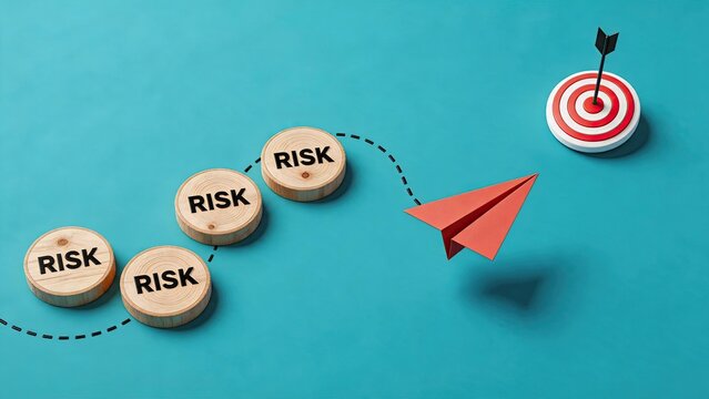 Paper airplane flying over wooden blocks labeled risk towards a target with arrow, strategic planning concept illustrating overcoming obstacles