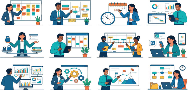 Agile project management and business strategy illustration bundle with scrum planning workflows vector