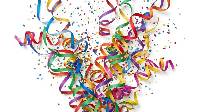 Colorful party streamers and confetti scattered on a white background.