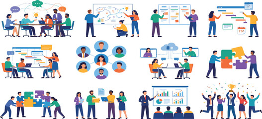 Fototapeta premium Corporate team collaboration project management agile workflow planning and business strategy concept illustration vector set