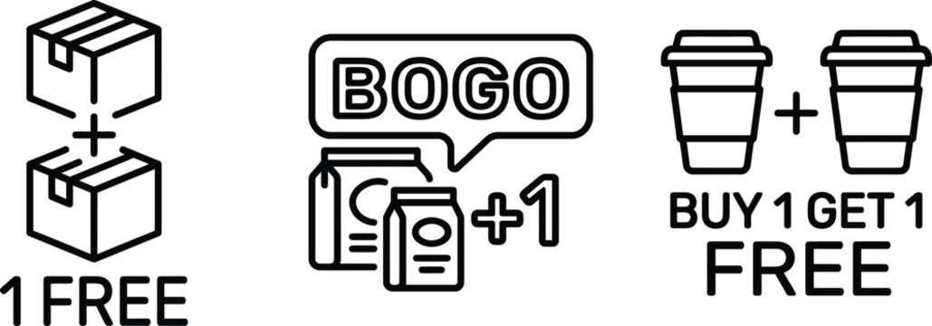 Set of minimalist promotional offer icons featuring BOGO and buy one get one free symbols ideal for marketing e-commerce and retail promotions