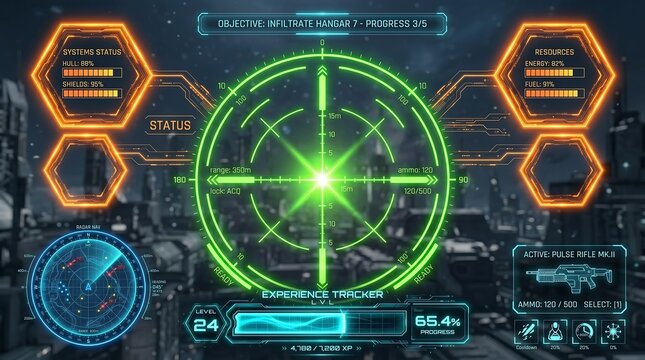 Futuristic HUD interface with radar, weapon stats, and cityscape backdrop.