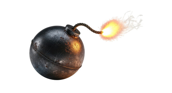 Black round cartoon bomb with burning lit fuse isolated on transparent background