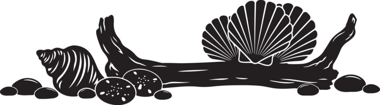 Black silhouette of seashells, driftwood, and pebbles