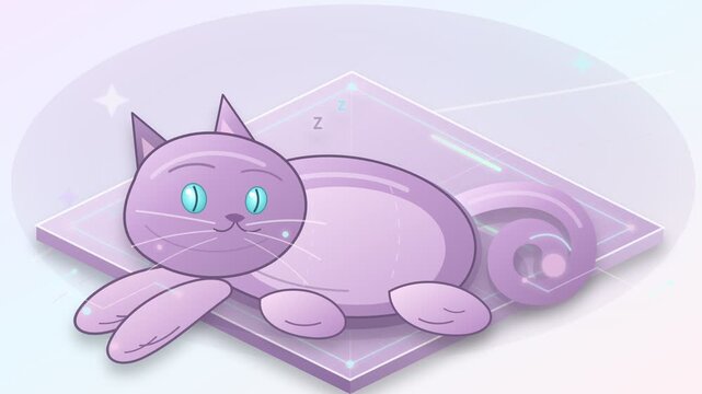 Cute cartoon cat illustration with blue eyes and purple fur lying down.