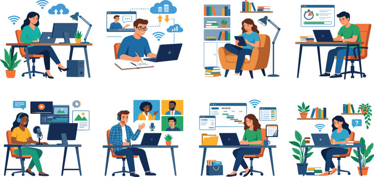 Freelance remote work from home office illustration bundle vector with people video conferencing design