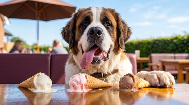 the joyous moment of a Saint Bernard dog savoring a scoop of vanilla ice cream on a sunny day