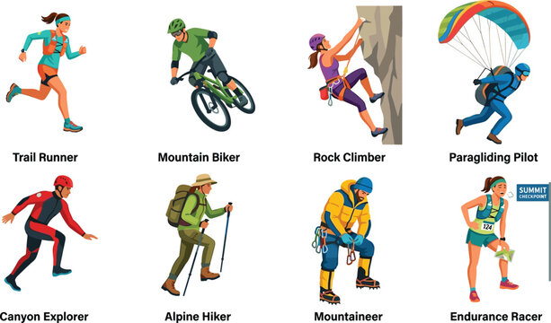 Adventure outdoor sports vector character set featuring trail runner mountain biker rock climber hiker and extreme athletes
