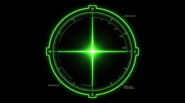 Glowing radar screen with illuminated crosshair and directional markings.