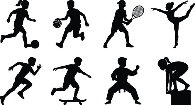 Black vector silhouettes of children playing various sports including soccer basketball tennis gymnastics running skateboarding karate and swimming