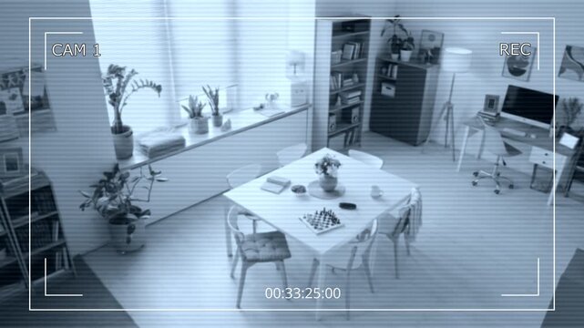 Security camera monitoring empty common room in nursing home with chessboard on table. Clip suitable for security system advertising or elderly care monitoring campaigns