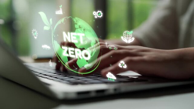 Net zero and sustainability concepts with environmental balance, digital sustainability icons, green energy goals, and eco-conscious digital business transformation for the future. Muxer
