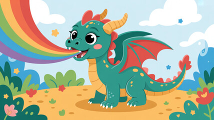 Obraz premium Cute cartoon dragon breathing rainbow whimsical fantasy illustration for childrens books and party invitations set against a colorful landscape