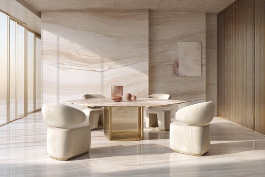 Modern dining room with elegant stone table and chairs bathed in sunlight.