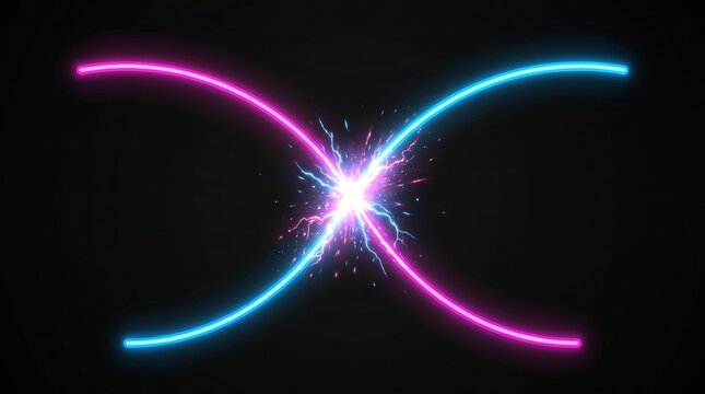Vibrant neon light beams intersecting and radiating in a dark cosmic space.