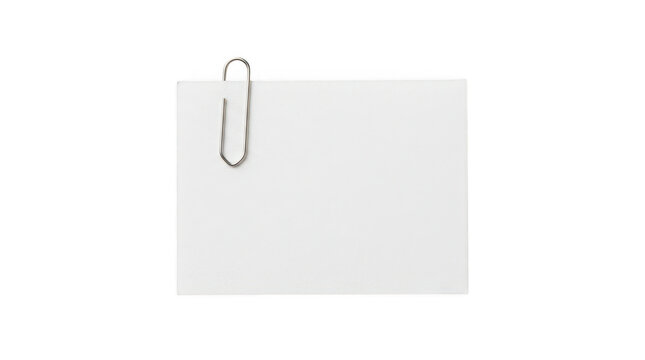 Blank white note paper with a metal paper clip isolated on transparent background