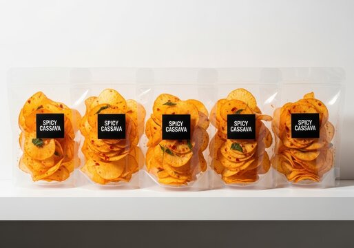 Row of Five Transparent Pouches Filled with Spicy Cassava Chips on a White Background for Commercial Product Display