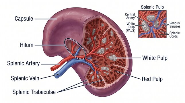 Human spleen anatomy diagram, medical illustration of internal organ structure with labels, cross section of splenic pulp and blood vessels