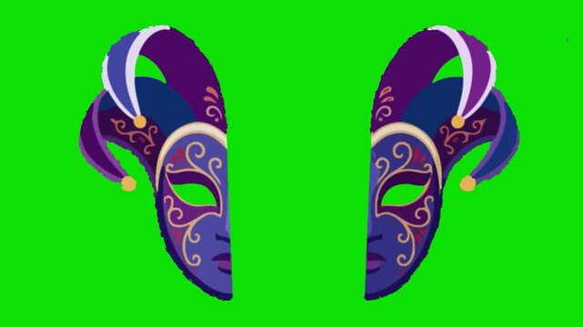 Two purple Mardi Gras masks with feathers and swirls on green. Festival d'Avignon in Avignon.