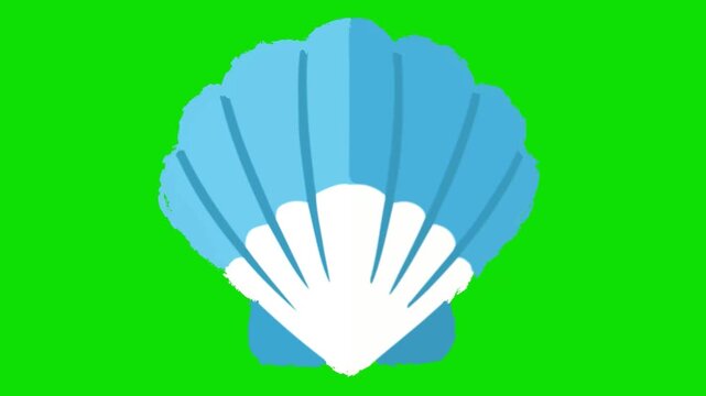 A large blue and white scallop shell sits on a green background. Day of Santiago in Spain.
