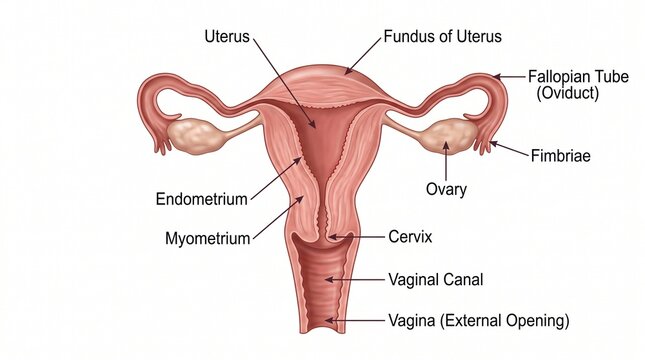 Female reproductive system medical diagram, labeled human uterus anatomy with ovaries and fallopian tubes, educational female organ cross section
