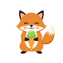 Obraz premium Cute cartoon fox holding green ice cream cone