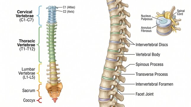 Human spine anatomy diagram with cervical, thoracic, and lumbar vertebrae labels. Medical illustration of spinal column structure and intervertebral discs.