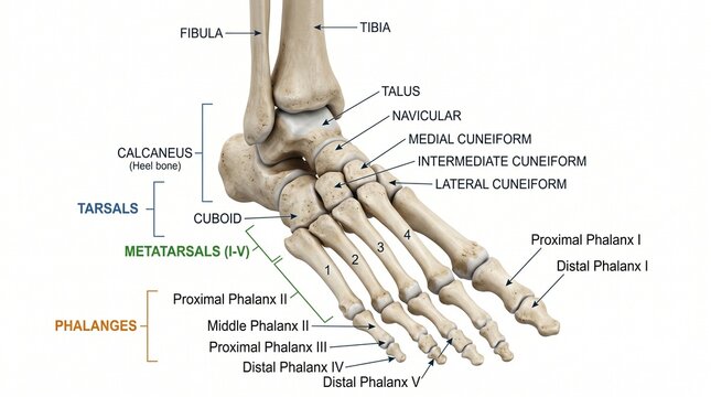 Human foot anatomy diagram with labels, skeletal structure of tarsals and metatarsals, medical illustration of phalanges and ankle bones