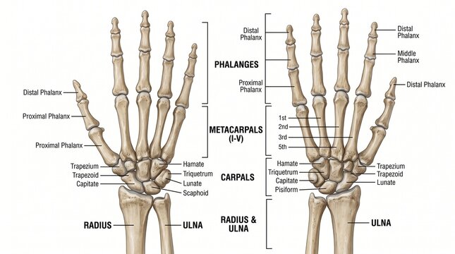 Human hand bone anatomy diagram, medical illustration of phalanges and metacarpals, skeletal structure of carpals radius and ulna with labels