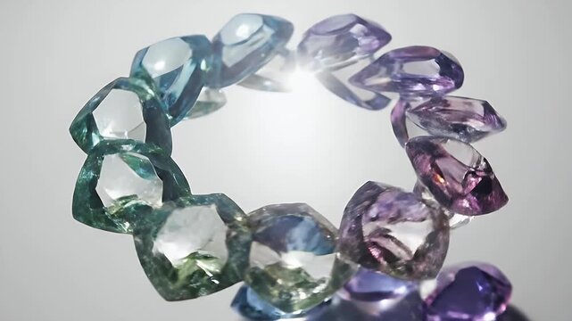 Close-up of a circular arrangement of colorful, faceted gemstones, sparkling with light and reflecting a spectrum of hues, against a soft, neutral background.
