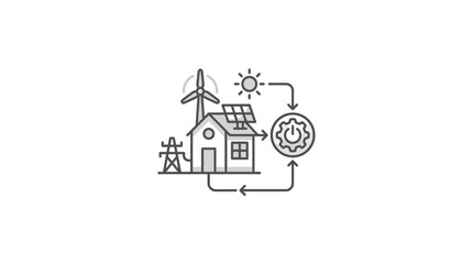 Eco-friendly home icon with solar and wind power. © rian