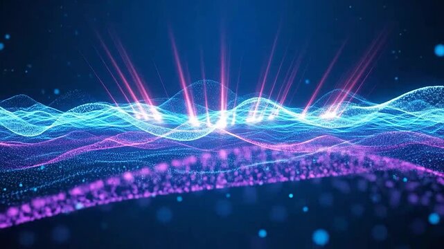 A dynamic abstract digital wave pattern glows with particles and bright light